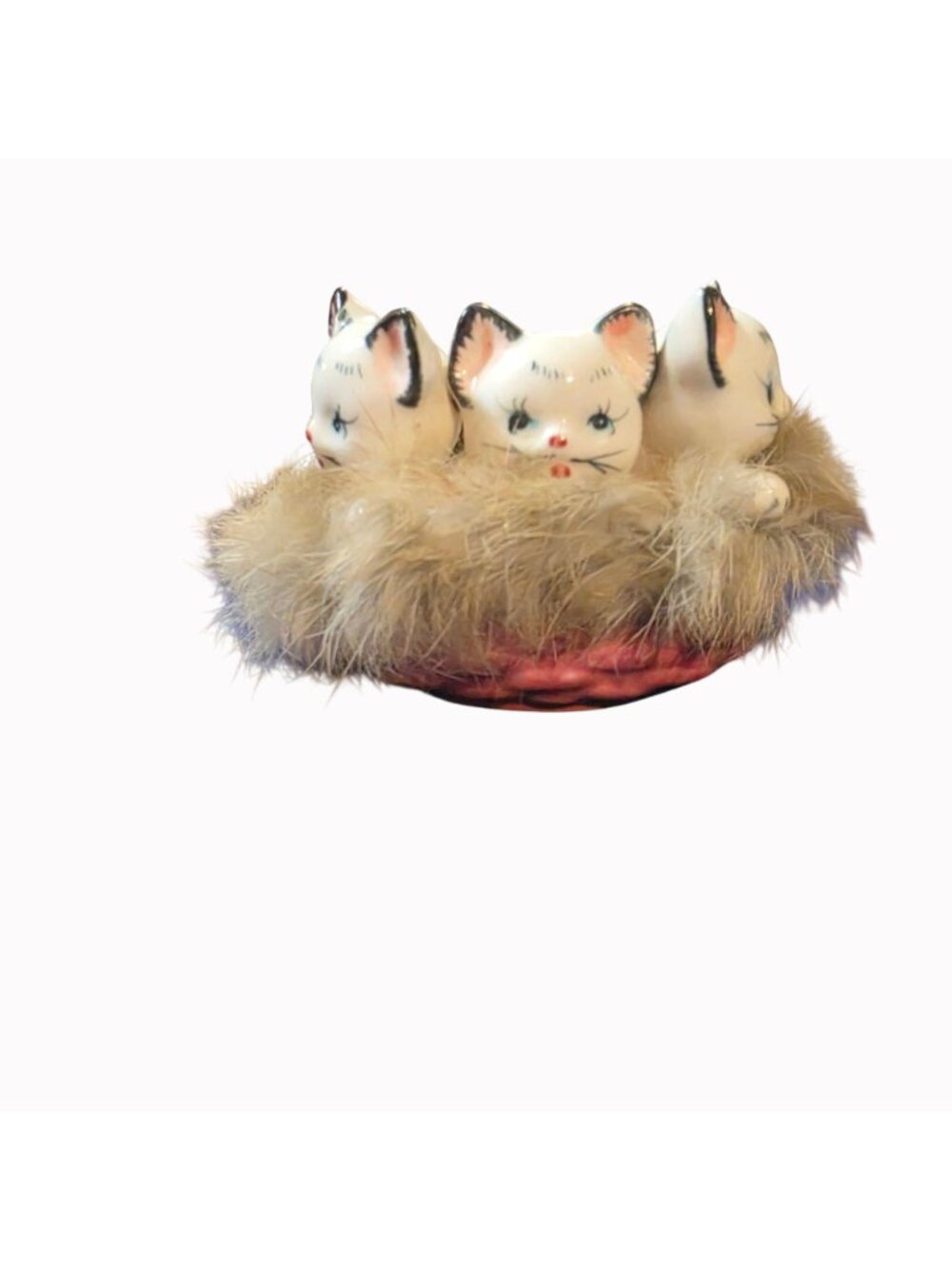 VTG 1950s Kitschy Ceramic 3 Kittens in Pink Basket Figurine Real Rabbit Fur Japa - Picture 11 of 13